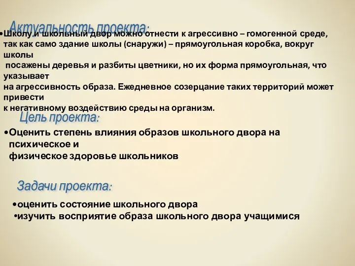 Актуальность проекта: Цель проекта: Задачи проекта: Школу и школьный двор можно