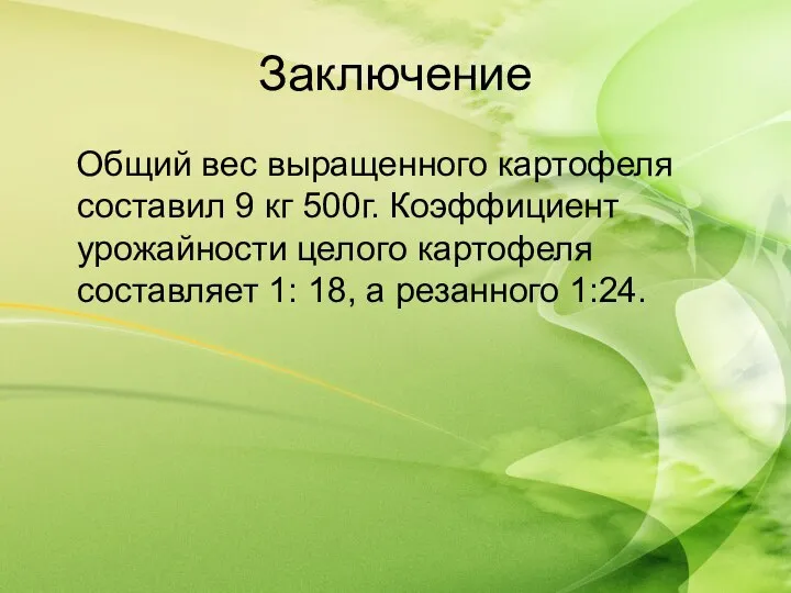 Заключение Общий вес выращенного картофеля составил 9 кг 500г. Коэффициент урожайности