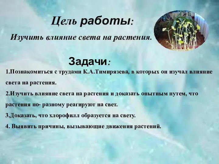 Цель работы: Изучить влияние света на растения. Задачи: 1.Познакомиться с трудами