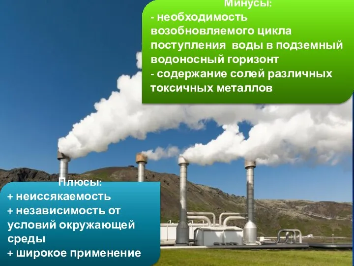 Плюсы: + неиссякаемость + независимость от условий окружающей среды + широкое