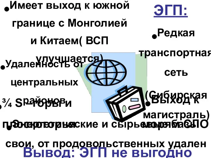 ЭГП: Вывод: ЭГП не выгодно Удаленность от центральных районов ¾ S