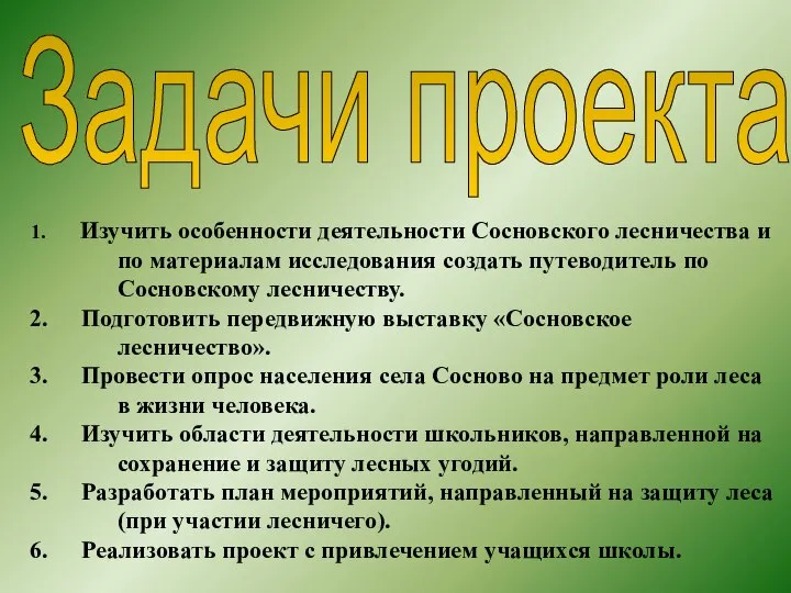 Задачи проекта Изучить особенности деятельности Сосновского лесничества и по материалам исследования