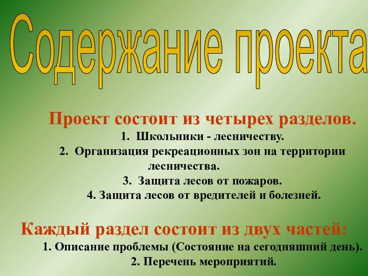 Проект состоит из четырех разделов. 1. Школьники - лесничеству. 2. Организация