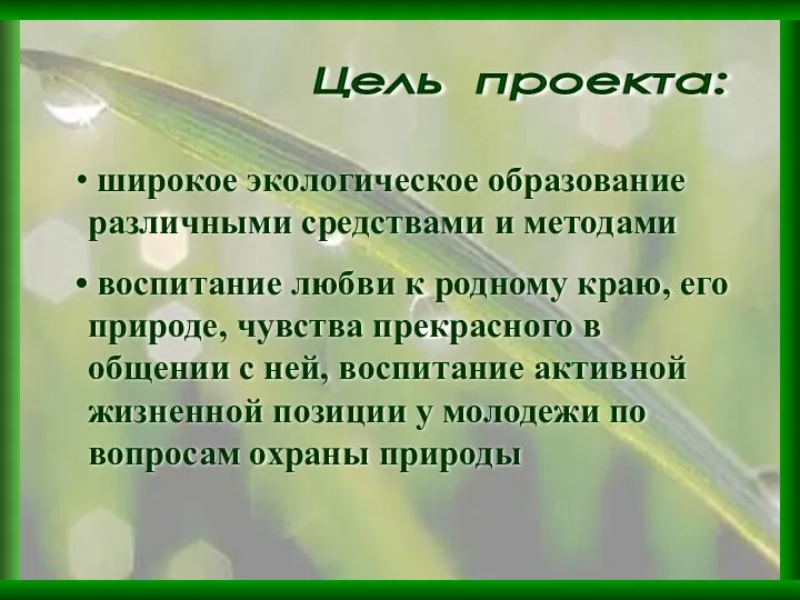 широкое экологическое образование различными средствами и методами воспитание любви к родному