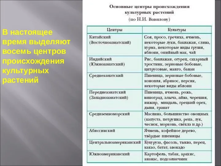 В настоящее время выделяют восемь центров происхождения культурных растений