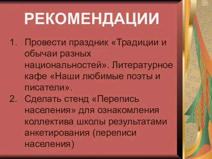 РЕКОМЕНДАЦИИ Провести праздник «Традиции и обычаи разных национальностей». Литературное кафе «Наши