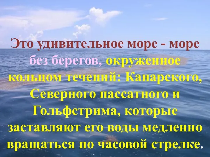 Это удивительное море - море без берегов, окруженное кольцом течений: Канарского,