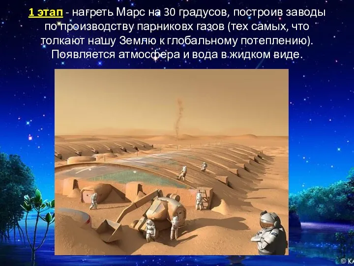 1 этап - нагреть Марс на 30 градусов, построив заводы по