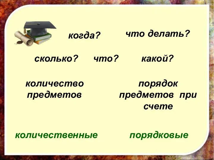 что? когда? что делать? сколько? какой? количество предметов количественные порядок предметов при счете порядковые