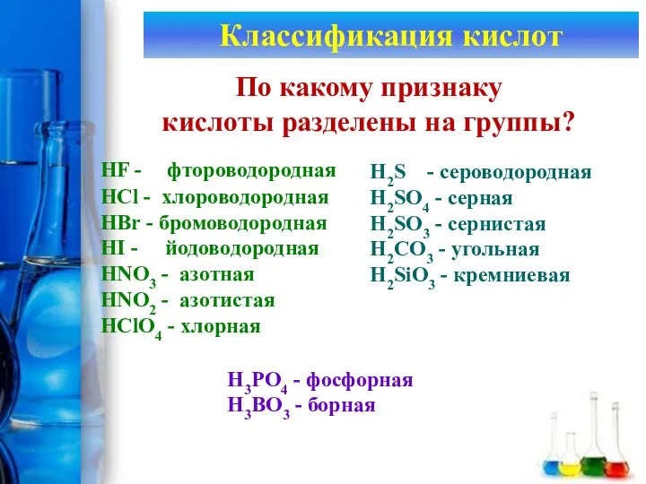 Классификация кислот HF - фтороводородная HCl - хлороводородная HBr - бромоводородная