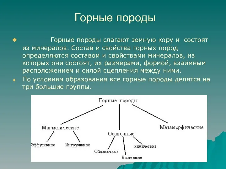 Горные породы Горные породы слагают земную кору и состоят из минералов.