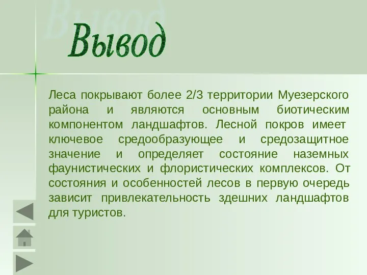 Вывод Леса покрывают более 2/3 территории Муезерского района и являются основным