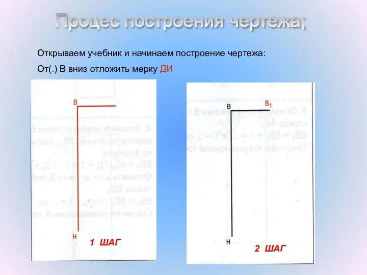 Процес построения чертежа; 1 ШАГ 2 ШАГ Открываем учебник и начинаем