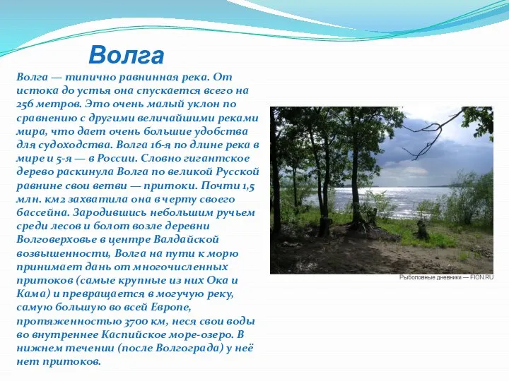 Волга Волга — типично равнинная река. От истока до устья она