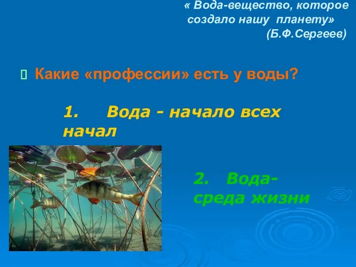 « Вода-вещество, которое создало нашу планету» (Б.Ф.Сергеев) Какие «профессии» есть у