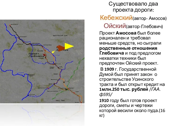 Существовало два проекта дороги: Кебежский(автор- Амосов) Ойский(автор-Глебович) Проект Амосова был более