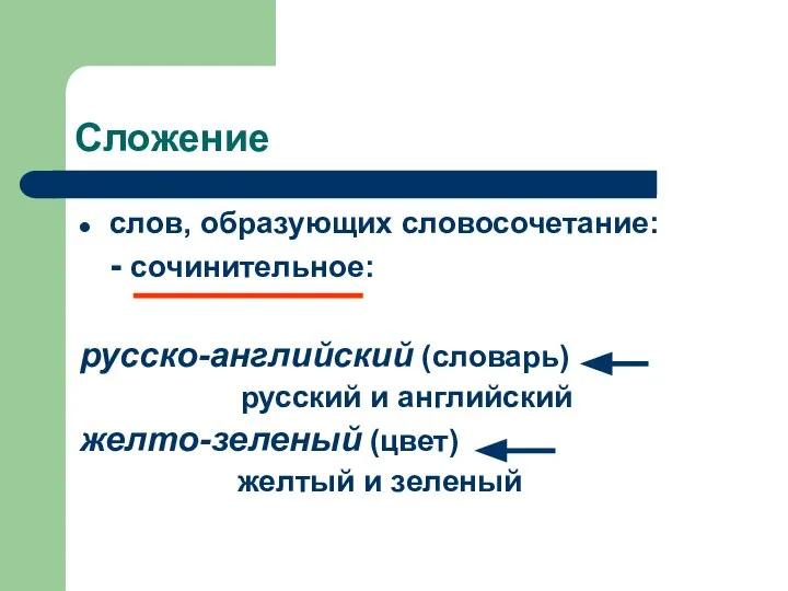 Сложение слов, образующих словосочетание: - сочинительное: русско-английский (словарь) русский и английский желто-зеленый (цвет) желтый и зеленый