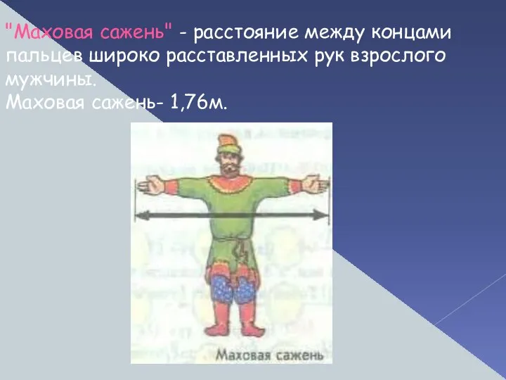 "Маховая сажень" - расстояние между концами пальцев широко расставленных рук взрослого мужчины. Маховая сажень- 1,76м.