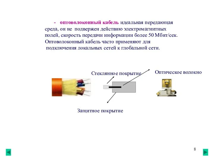 - оптоволоконный кабель идеальная передающая среда, он не подвержен действию электромагнитных