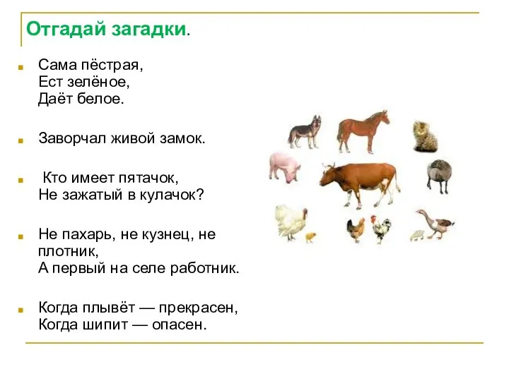 Отгадай загадки. Сама пёстрая, Ест зелёное, Даёт белое. Заворчал живой замок.