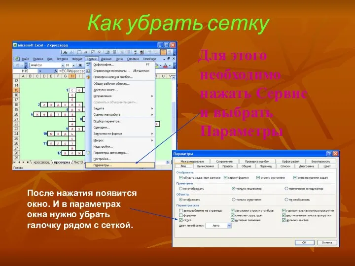 Как убрать сетку Для этого необходимо нажать Сервис и выбрать Параметры