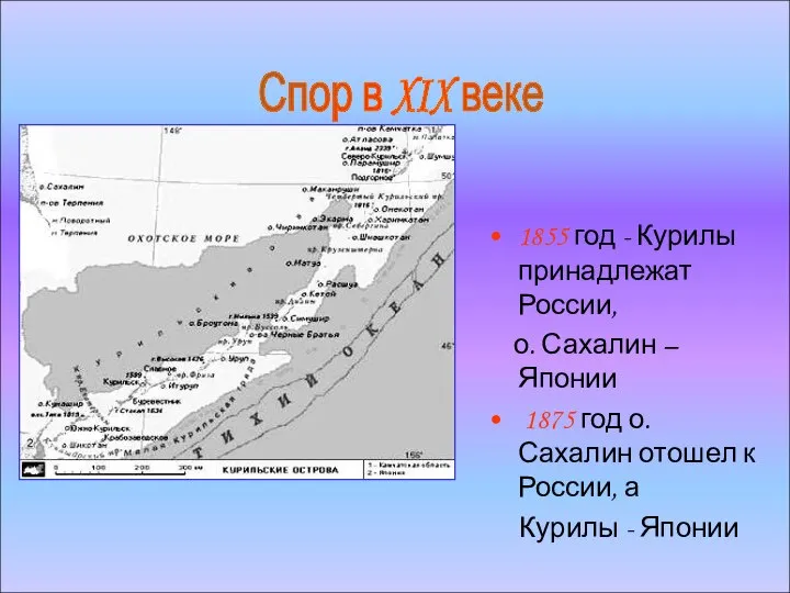 Г 1855 год - Курилы принадлежат России, о. Сахалин – Японии