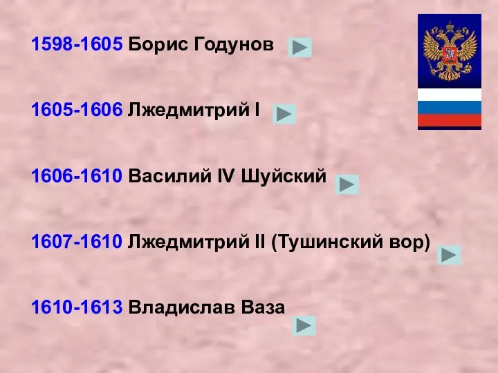 1598-1605 Борис Годунов 1605-1606 Лжедмитрий I 1606-1610 Василий IV Шуйский 1607-1610
