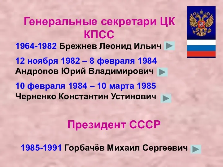 Генеральные секретари ЦК КПСС 1964-1982 Брежнев Леонид Ильич 12 ноября 1982