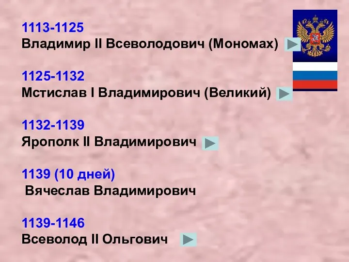 1113-1125 Владимир II Всеволодович (Мономах) 1125-1132 Мстислав I Владимирович (Великий) 1132-1139