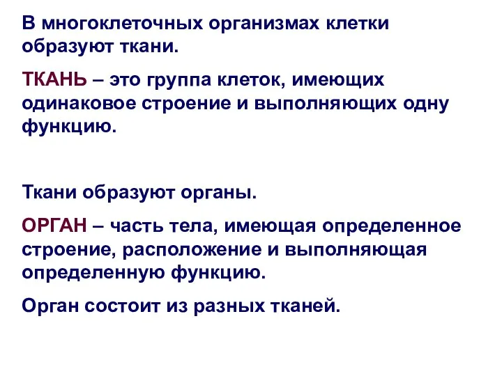 В многоклеточных организмах клетки образуют ткани. ТКАНЬ – это группа клеток,