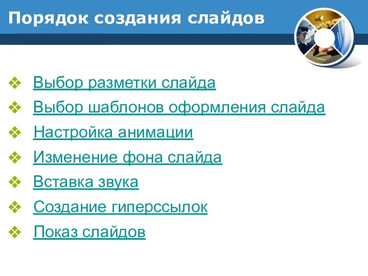 Порядок создания слайдов Выбор разметки слайда Выбор шаблонов оформления слайда Настройка