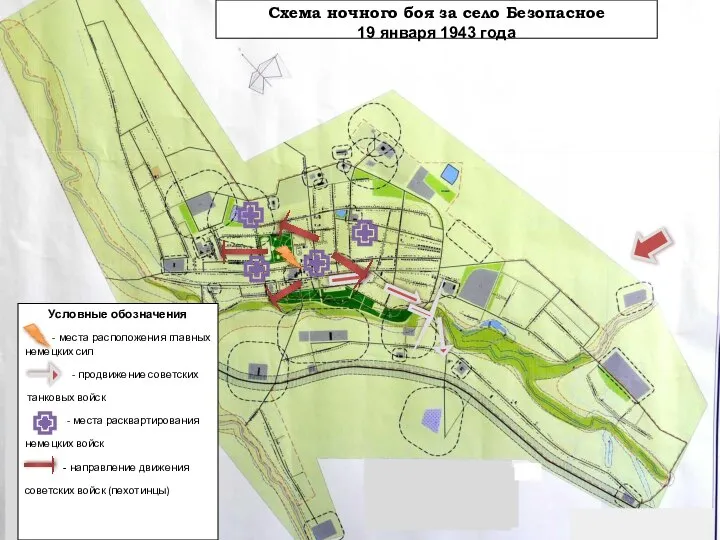 Схема ночного боя за село Безопасное 19 января 1943 года Условные