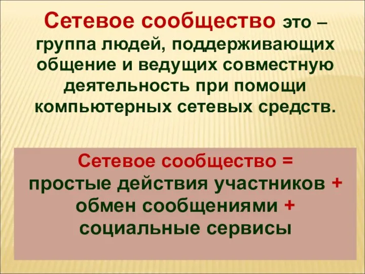 Сетевое сообщество это – группа людей, поддерживающих общение и ведущих совместную