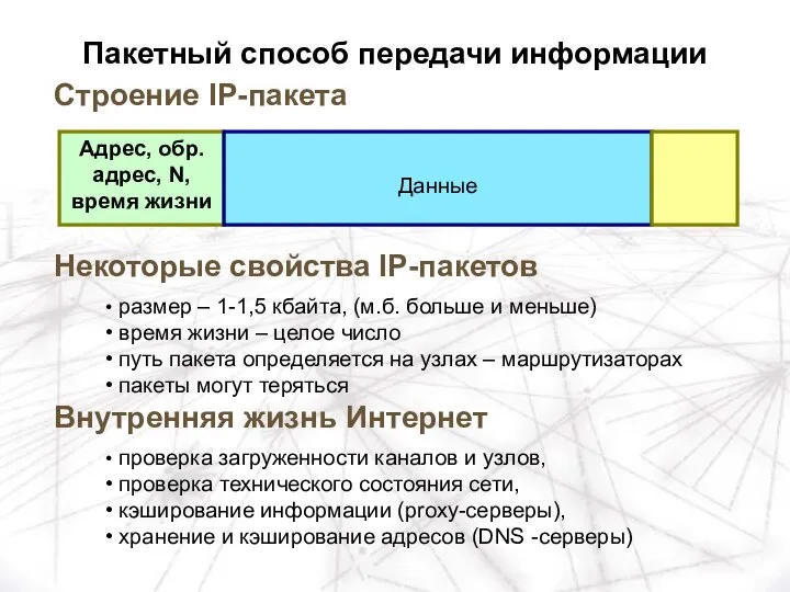 Строение IP-пакета Адрес, обр.адрес, N, время жизни Данные Некоторые свойства IP-пакетов