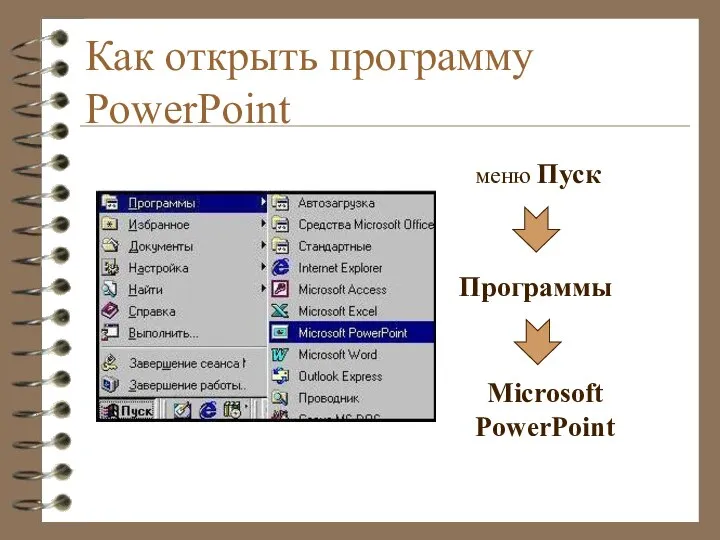 Как открыть программу PowerPoint меню Пуск Программы Microsoft PowerPoint