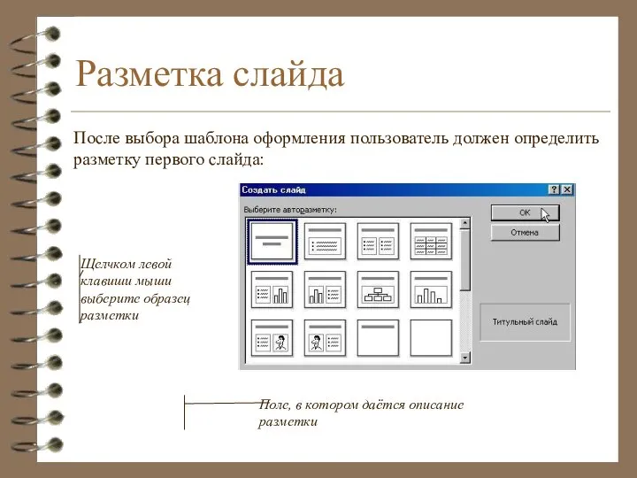 Разметка слайда После выбора шаблона оформления пользователь должен определить разметку первого