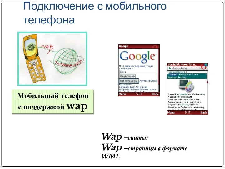 Подключение с мобильного телефона Мобильный телефон с поддержкой wap Wap –сайты: Wap –страницы в формате WML