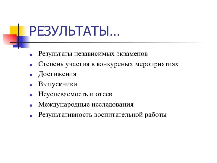 РЕЗУЛЬТАТЫ… Результаты независимых экзаменов Степень участия в конкурсных мероприятиях Достижения Выпускники