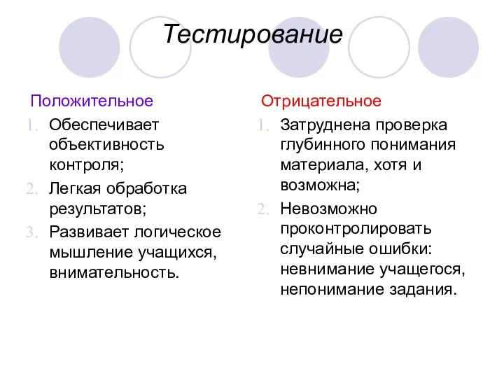 Тестирование Положительное Обеспечивает объективность контроля; Легкая обработка результатов; Развивает логическое мышление