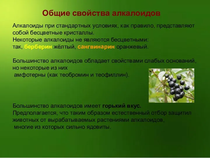 Общие свойства алкалоидов Алкалоиды при стандартных условиях, как правило, представляют собой