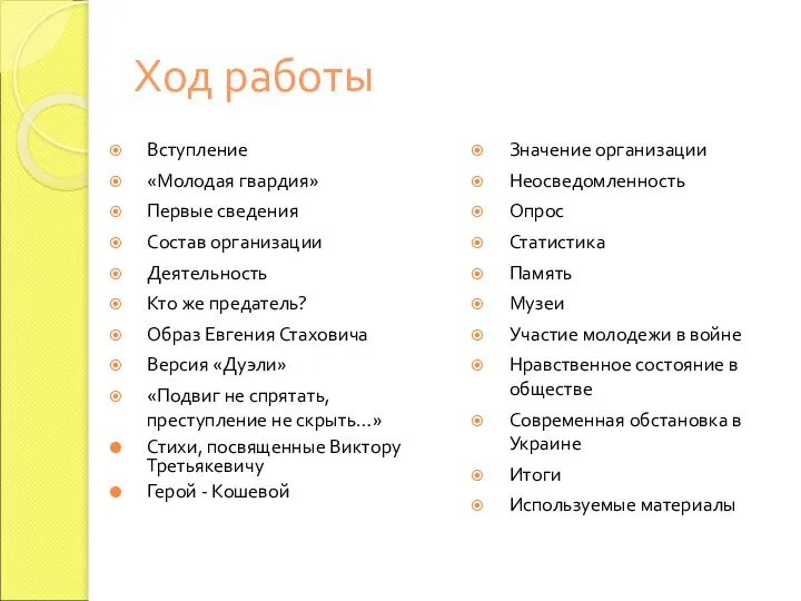 Ход работы Вступление «Молодая гвардия» Первые сведения Состав организации Деятельность Кто