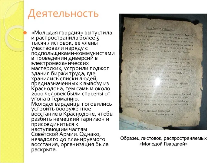 Деятельность «Молодая гвардия» выпустила и распространила более 5 тысяч листовок, её