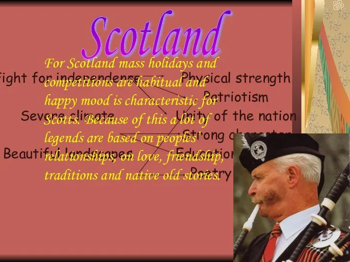 Scotland Fight for independence Severe climate Beautiful landscapes Physical strength Patriotism