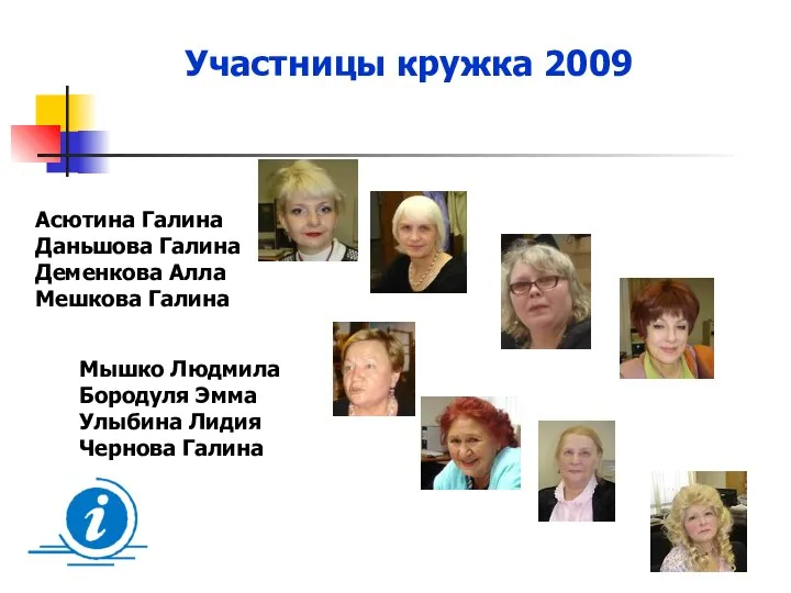 Участницы кружка 2009 Асютина Галина Даньшова Галина Деменкова Алла Мешкова Галина