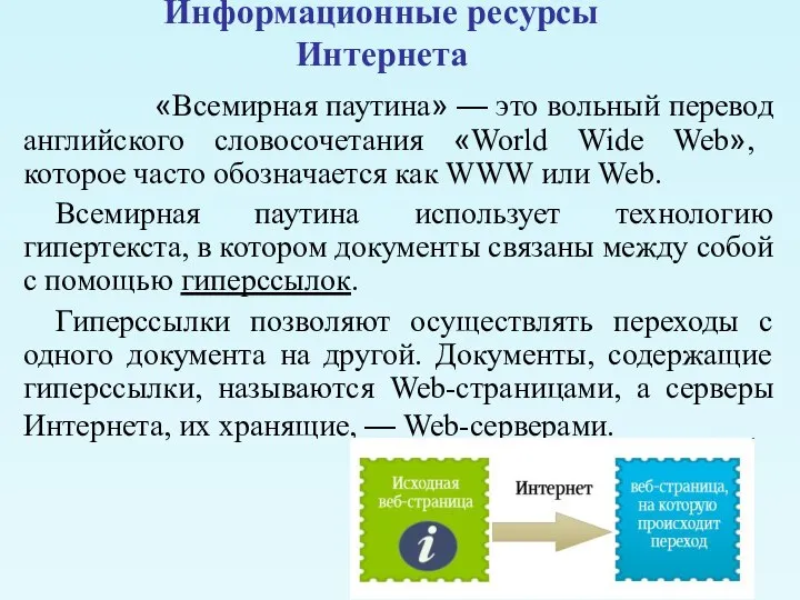 Информационные ресурсы Интернета «Всемирная паутина» — это вольный перевод английского словосочетания