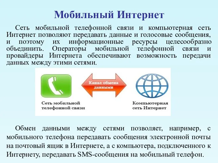 Мобильный Интернет Сеть мобильной телефонной связи и компьютерная сеть Интернет позволяют