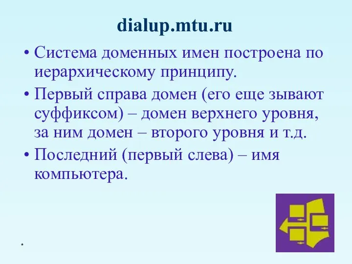 * Система доменных имен построена по иерархическому принципу. Первый справа домен