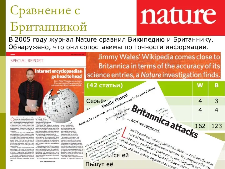 Сравнение с Британникой В 2005 году журнал Nature сравнил Википедию и