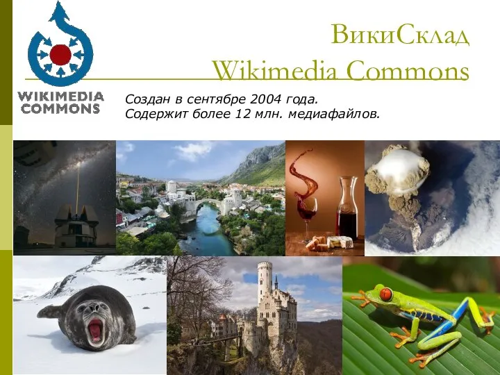 Создан в сентябре 2004 года. Содержит более 12 млн. медиафайлов. ВикиСклад Wikimedia Commons