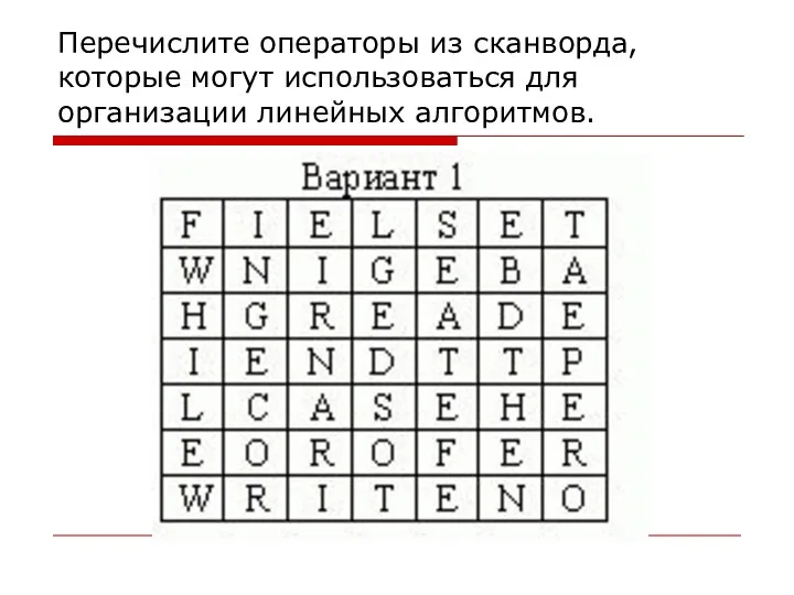 Перечислите операторы из сканворда, которые могут использоваться для организации линейных алгоритмов.